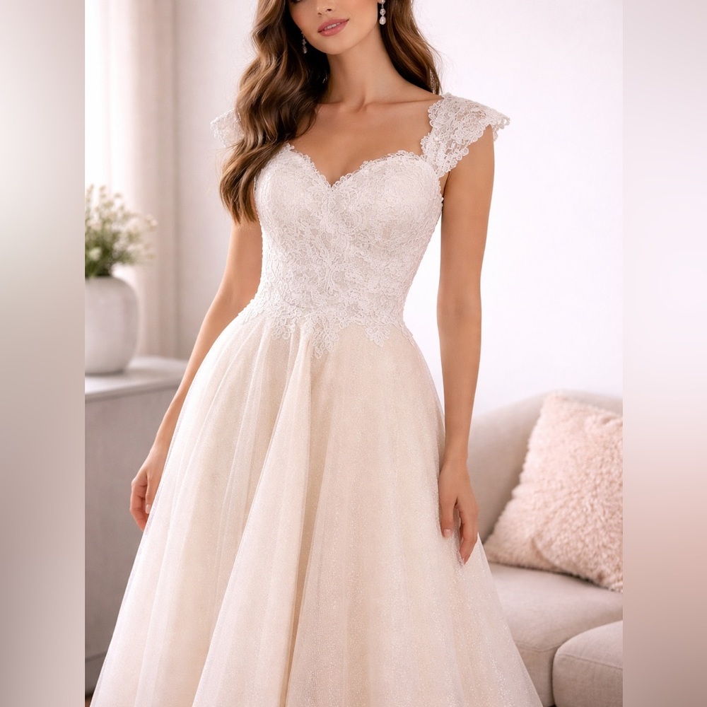 Romantic knee high Lace A-Line Wedding Dress – Corset Back – US 6-8 – 32” Bust